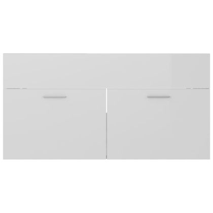 Шкаф за баня с вградена мивка, бял гланц, инженерно дърво