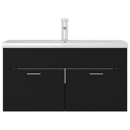 Шкаф за баня с вградена мивка, черен, инженерно дърво