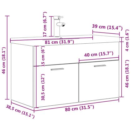 Шкаф за мивка за баня с вградена мивка и смесител Бетон сив