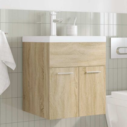Шкаф за мивка за баня с вграден умивалник и смесител Дъб сонома