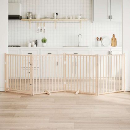 Кучешка порта с врата, сгъваема, 4 панела, 320 см, масивна дървесина, ела