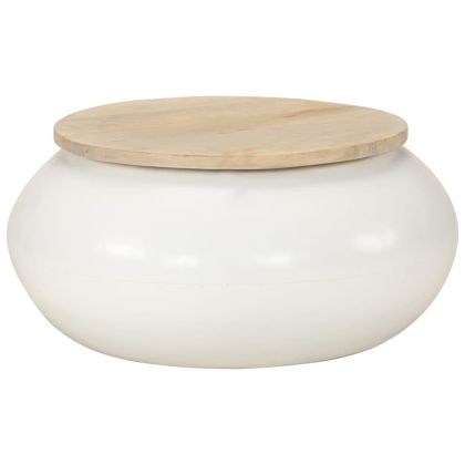 Маса за кафе, бяла, 51x51x27 см, масивно мангово дърво