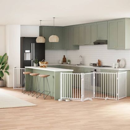 Сгъваема преграда за кучета с врата 12 панела бял 960 см топола