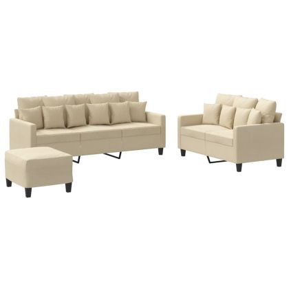 Комплект дивани от 3 части с възглавници, кремав, плат
