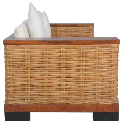 3-местен диван с възглавници, кафяв, естествен ратан