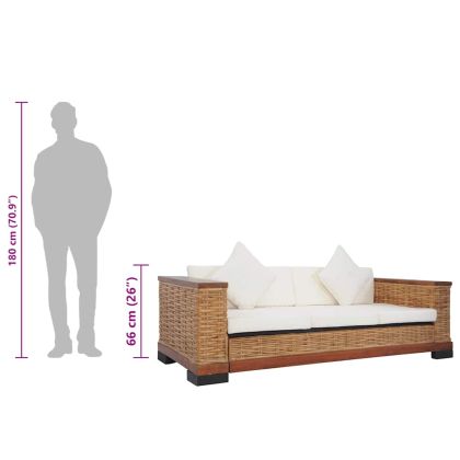 3-местен диван с възглавници, кафяв, естествен ратан