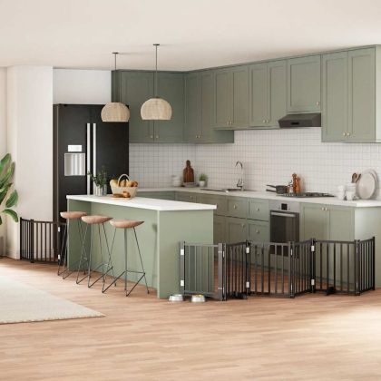 Сгъваема преграда за куче с врата 9 панела черна 450 см топола