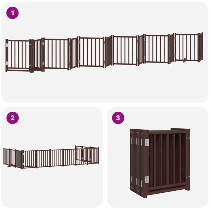 Сгъваема преграда за куче с врата 12 панела кафяв 600 см топола