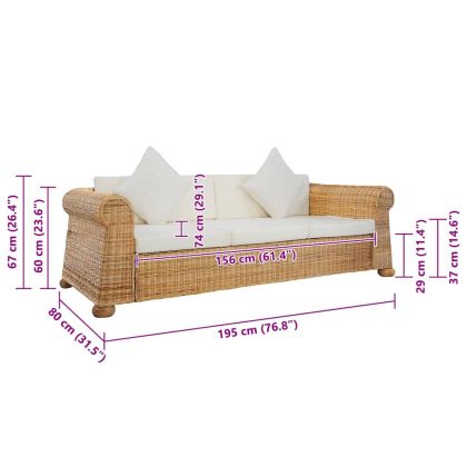 3-местен диван с възглавници, естествен ратан