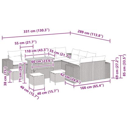 Градински Софа Комплект с възглавница 14 pcs Сив полиратан
