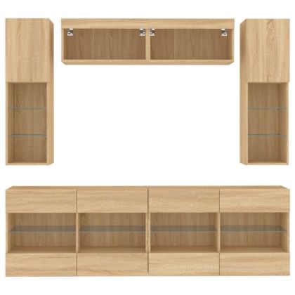 Комплект ТВ стенни шкафове, 6 части, с LED светлини, сонома дъб