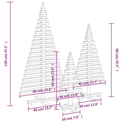 Дървени коледни елхи за декорация, 3 бр, бор масив