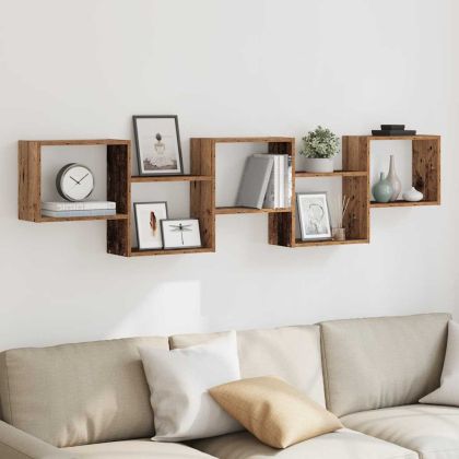 Стенен кубичен рафт, 5 отделения, старо дърво, инженерно дърво