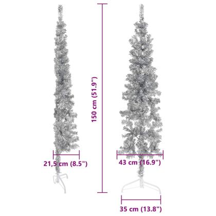 Тънка изкуствена половин коледна елха + стойка сребриста 150 см
