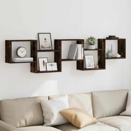 Стенен кубичен рафт, 5 отделения, опушен дъб, инженерно дърво