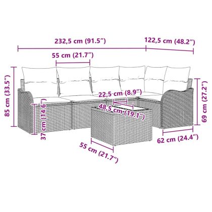 Градински Софа Комплект с възглавница 6 pcs Черно Полиратан