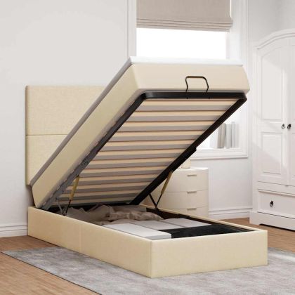 Османска легло с матрак, кремаво, 90x190 см, плат