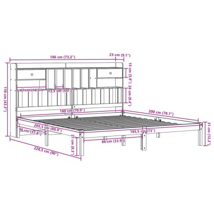 Легло с етажерка за книги, без матрак, 180x200 см, бор масив