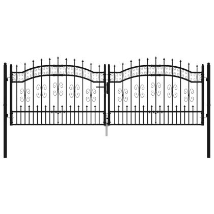 Оградна порта с капак тип „копие“, черна, 305x100 см, прахово боядисана стомана