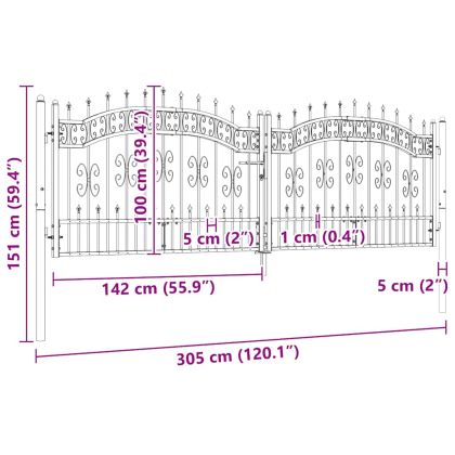 Оградна порта с капак тип „копие“, черна, 305x100 см, прахово боядисана стомана