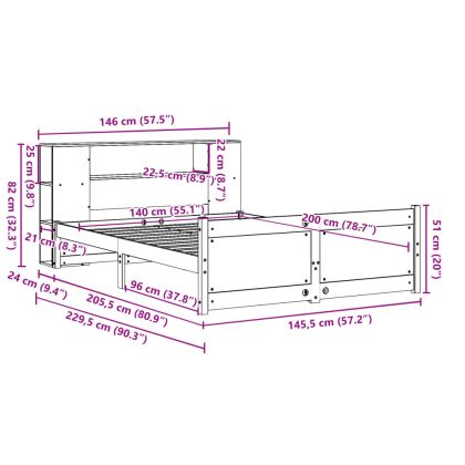 Легло с етажерка за книги, без матрак, 140x200 см, бор масив