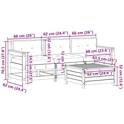Градински лаундж комплект 4 части с възглавници бял масив бор