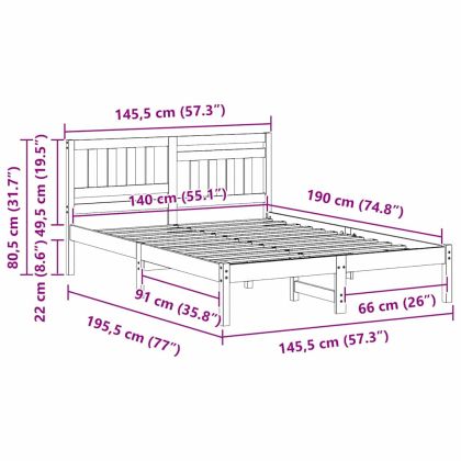 Рамка за легло с таблото Бяло 140 x 190 cm Солидно борово дърво