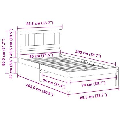 Рамка за легло с таблото Бяло 80 x 200 cm Солидно борово дърво