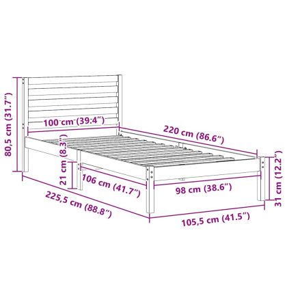 Рамка за легло с таблото Бяло 100 x 220 cm Солидно борово дърво