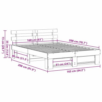 Рамка за легло с таблото Бяло 160 x 200 cm Солидно борово дърво