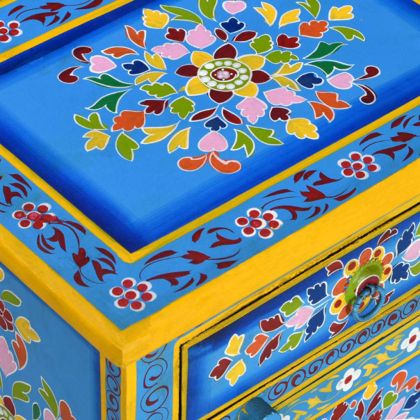 Нощно шкафче, мангово дърво масив, тюркоаз, ръчно рисувано