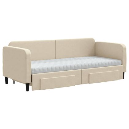 Канапе с изтеглящо легло и чекмеджета кремаво 80x200 см плат