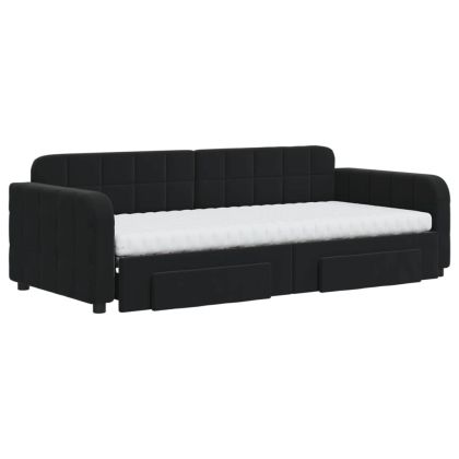 Канапе с изтеглящо легло и чекмеджета черно 90x200 см кадифе