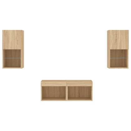 ТВ стенни шкафове, 4 части, с LED светлини, сонома дъб