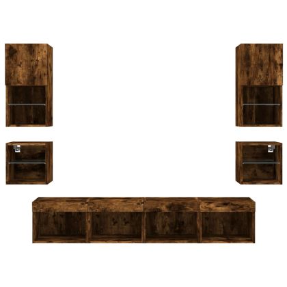 ТВ стенни модули с LED, 8 части, опушен дъб, инженерно дърво