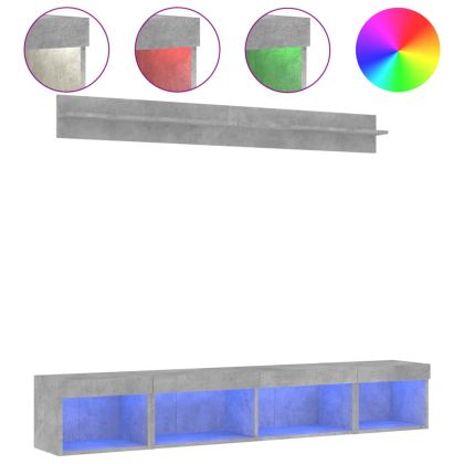 ТВ стенни модули с LED, 5 части, бетонно сиви, инженерно дърво