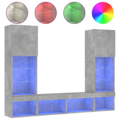 ТВ стенни модули с LED, 5 части, бетонно сиви, инженерно дърво