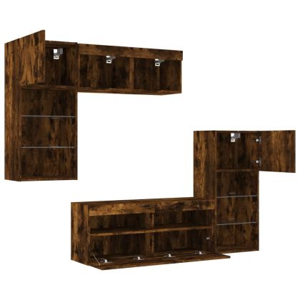 ТВ стенни модули с LED, 5 части, опушен дъб, инженерно дърво