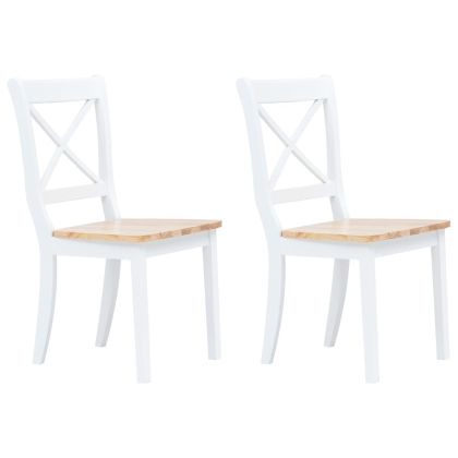 Трапезни столове, 2 бр, бял и естествен, каучуково дърво масив