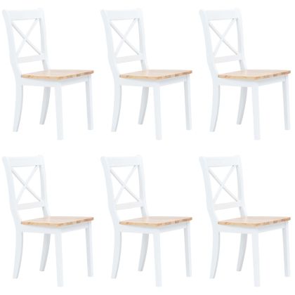 Трапезни столове, 6 бр, бял и естествен, каучуково дърво масив