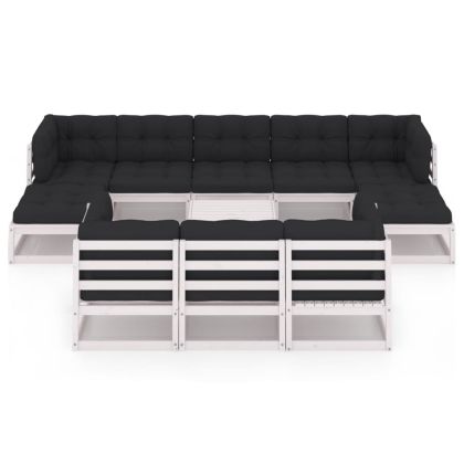 Градински лаундж комплект 11 части с възглавници бял бор масив