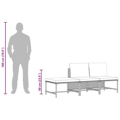 Градински комплект с възглавници, 3 части, сив, полиратан