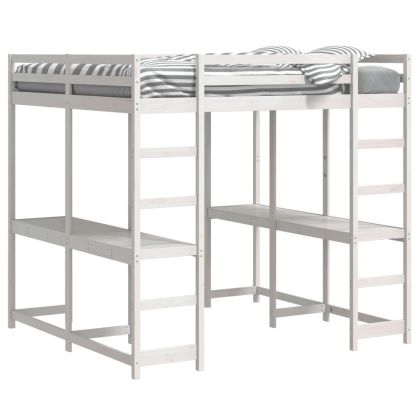 Таванско легло с бюро и стълба бяло 140x200 см бор масив