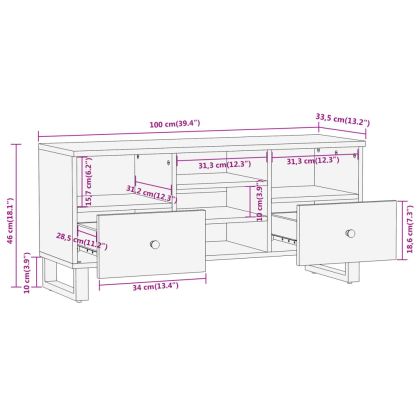 ТВ шкаф, кафяво и черно, 100x33,5x46 см, масивно мангово дърво