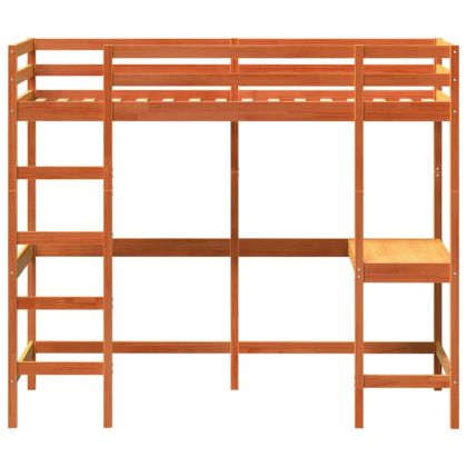 Таванско легло с бюро восък кафяво 90x190 см борово дърво масив