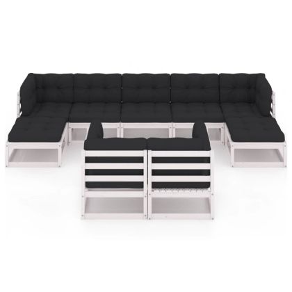 Градински лаундж комплект 9 части с възглавници бял бор масив