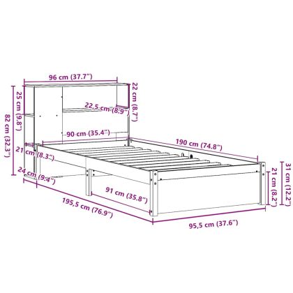 Легло с рафтове за книги, без матрак, бял, 90x190 см, бор масив