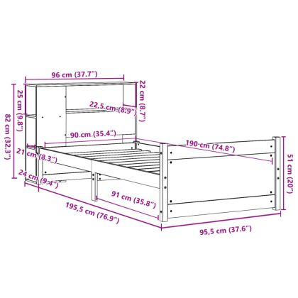 Легло с рафтове за книги, без матрак, бял, 90x190 см, бор масив