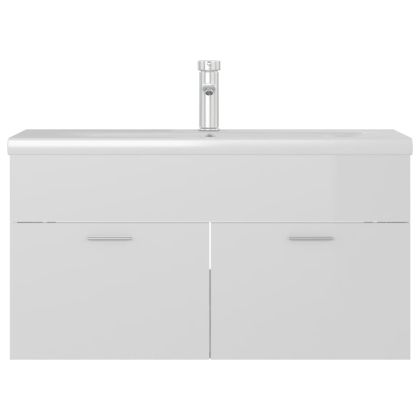 Шкаф за баня с вградена мивка, бял гланц, инженерно дърво