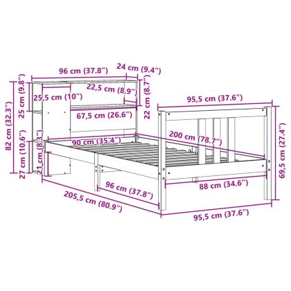 Легло с етажерка за книги, без матрак, 90x200 см, бор масив